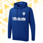 Blue hoodie with 'Team Hooman' text and logo on a white background