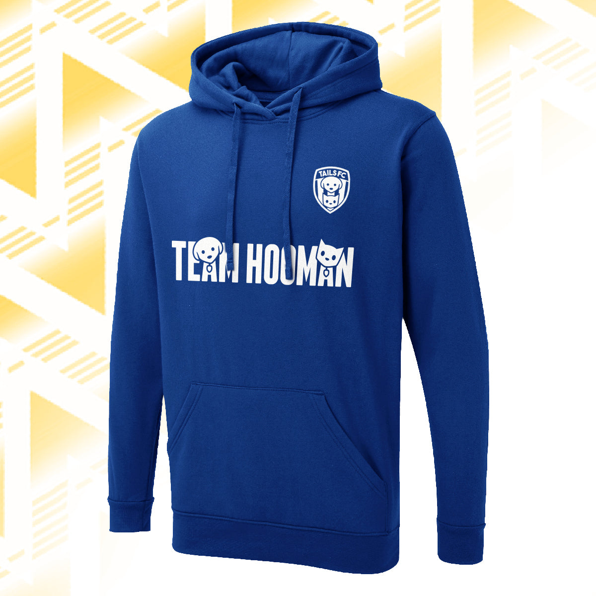 Blue hoodie with 'Team Hooman' text and logo on a white background