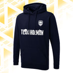 Tails FC Navy blue hoodie with 'Team Hooman' text and logo on a gold geometric pattern background