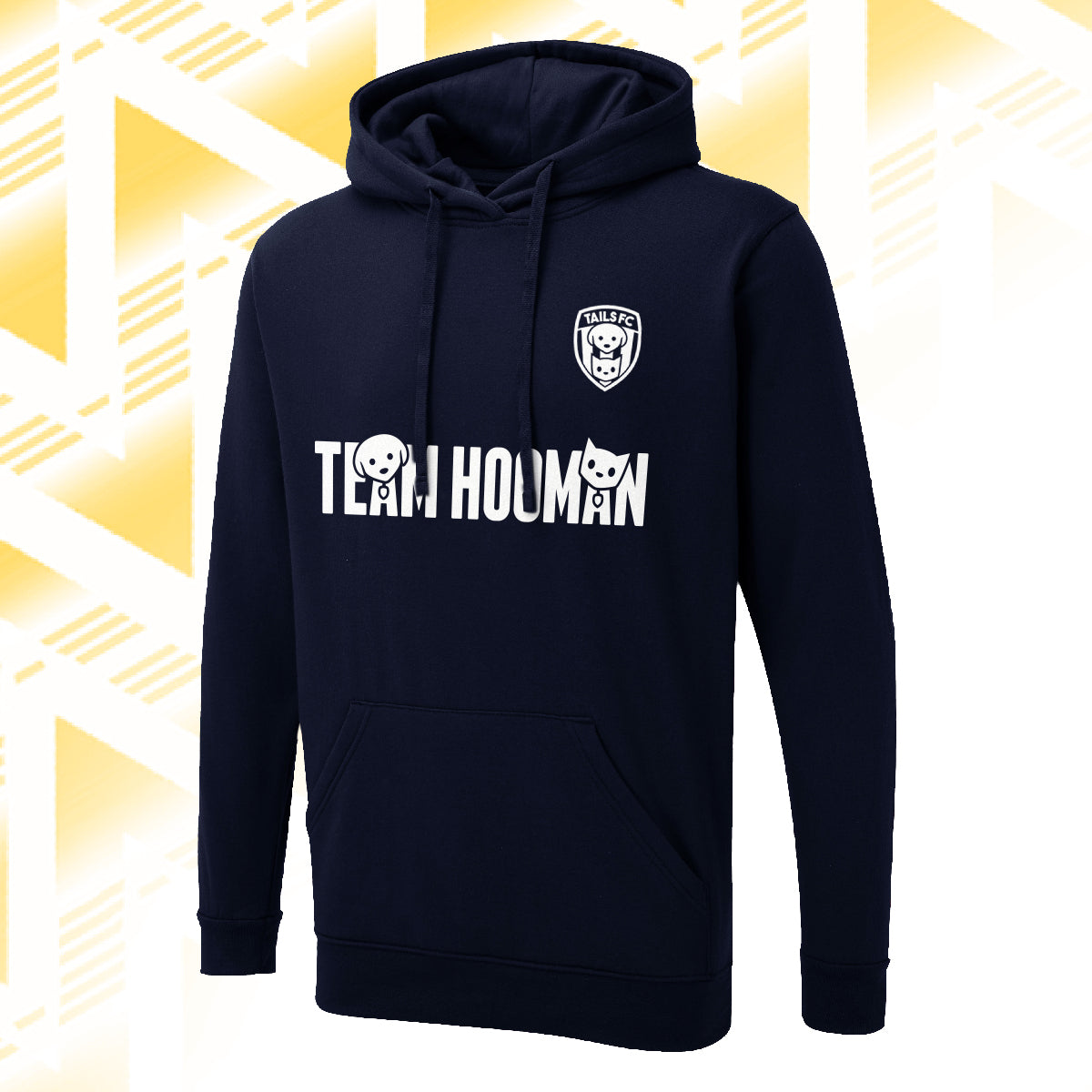 Tails FC Navy blue hoodie with 'Team Hooman' text and logo on a gold geometric pattern background
