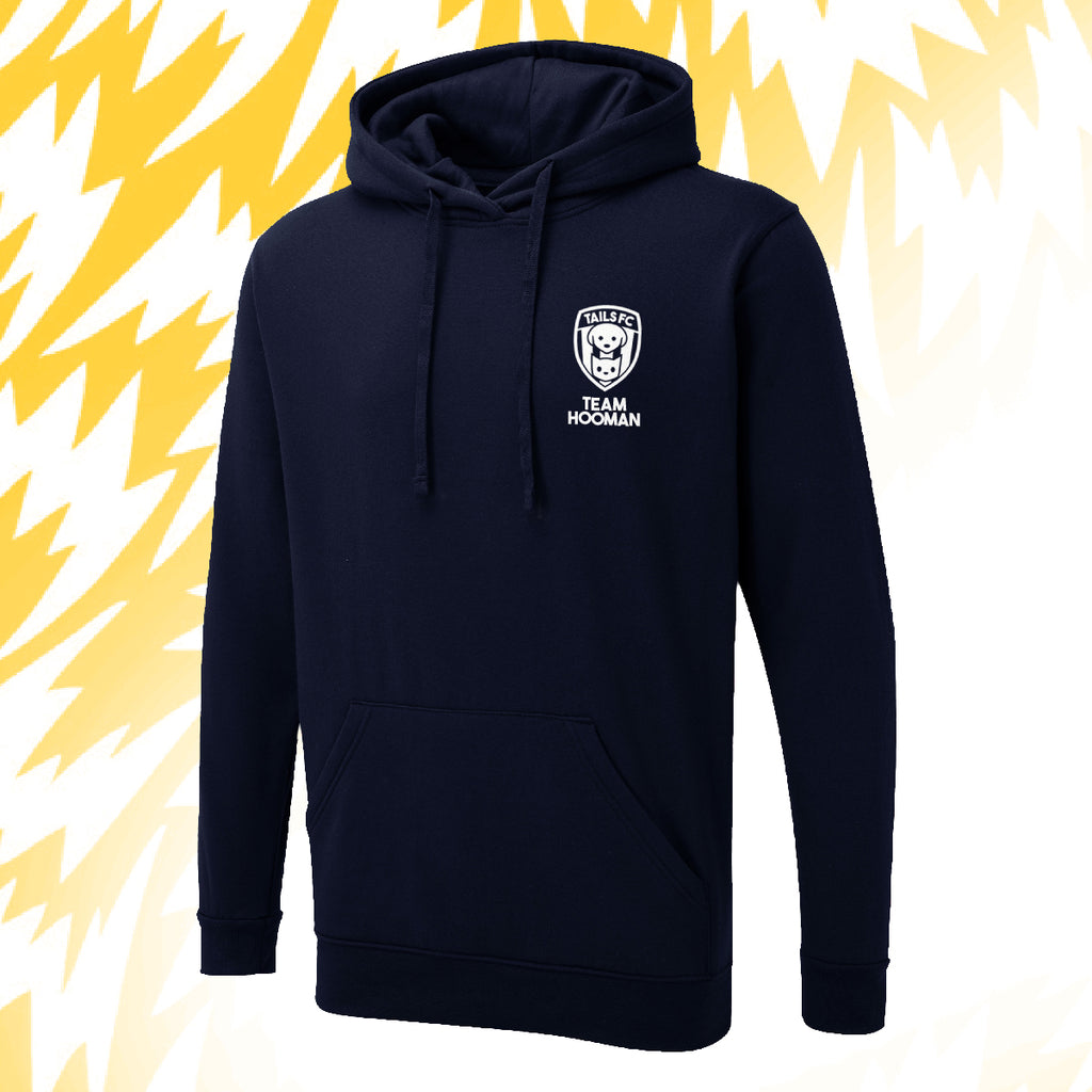 Tails FC Navy Blue hoodie with Team Hooman logo on a yellow and white background