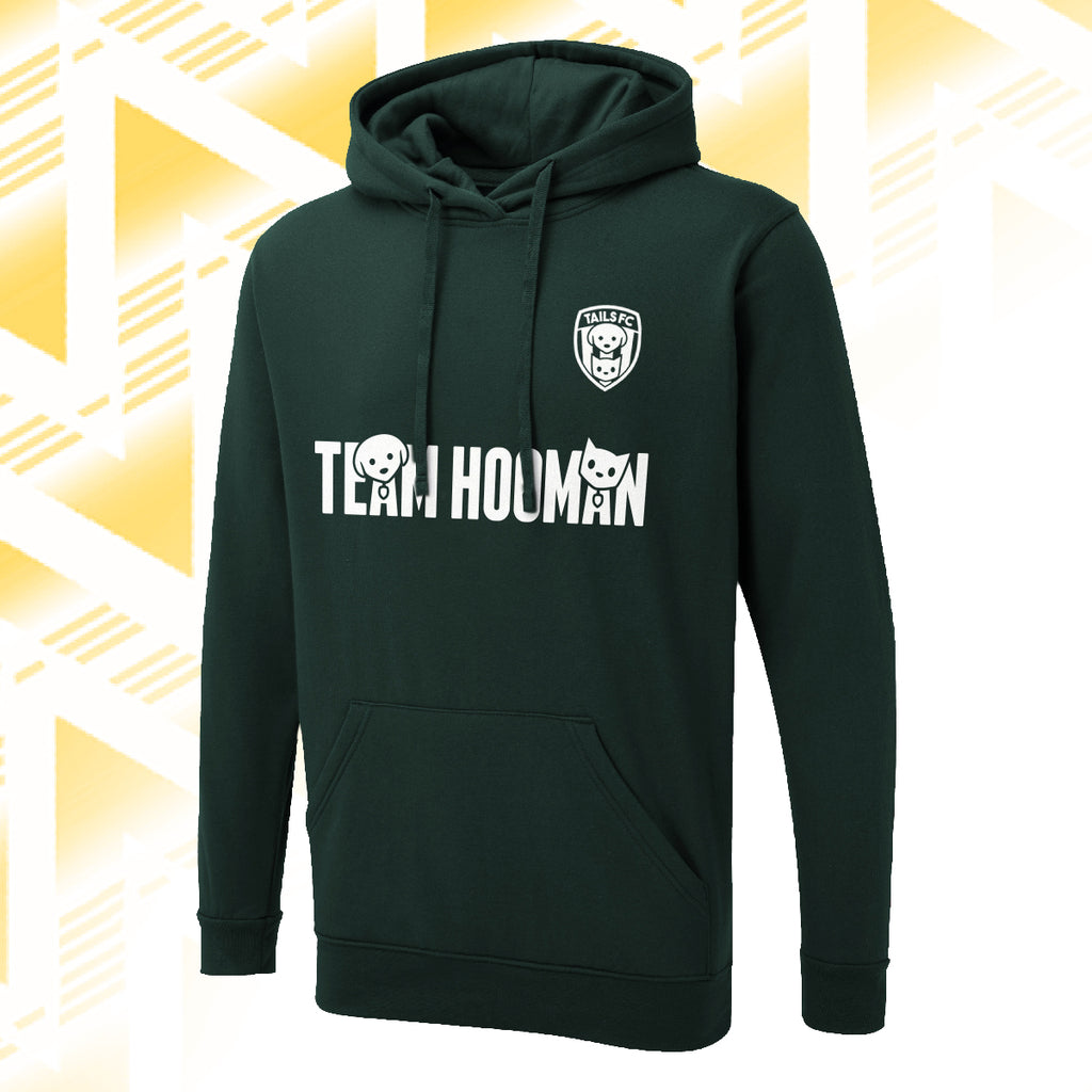 Tails FC Green hoodie with 'Team Hooman' text and logo on a white background