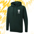 Tails FC Green hoodie with Team Hooman logo on the chest against a yellow and white abstract background
