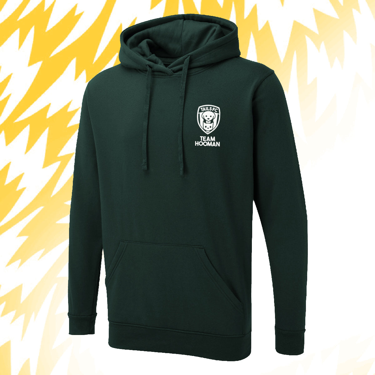 Tails FC Green hoodie with Team Hooman logo on the chest against a yellow and white abstract background