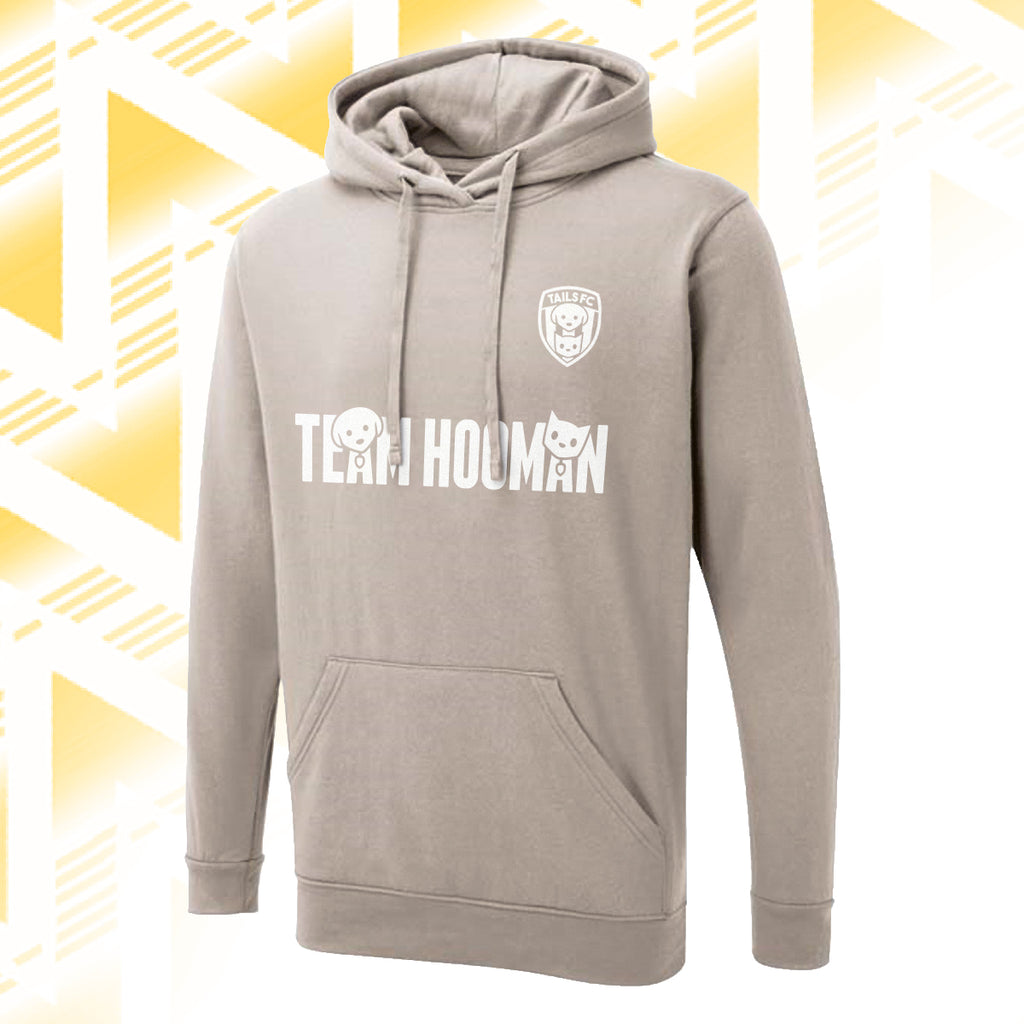 Tails FC Gray hoodie with 'Team Hooman' text and logo on a yellow geometric pattern background