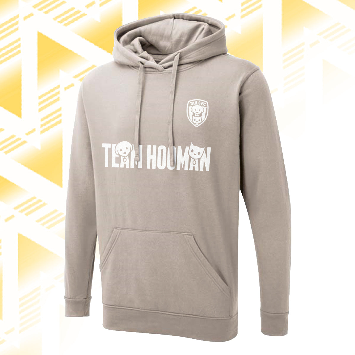 Tails FC Gray hoodie with 'Team Hooman' text and logo on a yellow geometric pattern background