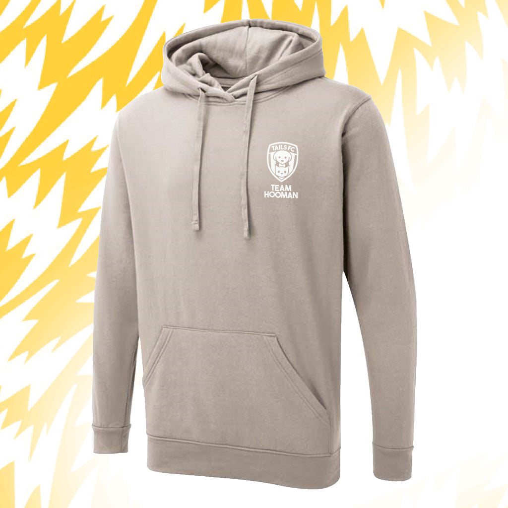 Tails FC Beige hoodie with Team Hooman logo and text on a yellow and white background