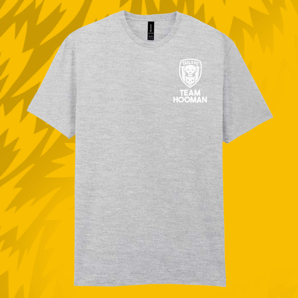 Tails FC Gray t-shirt with 'Team Hooman' logo on a yellow background