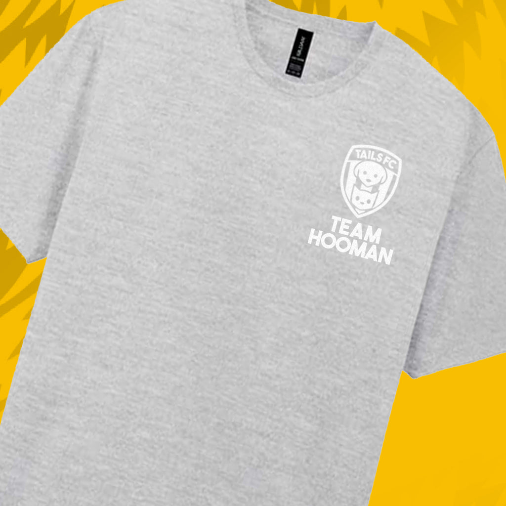 Tails FC Gray t-shirt with 'Team Hooman' logo on a yellow background