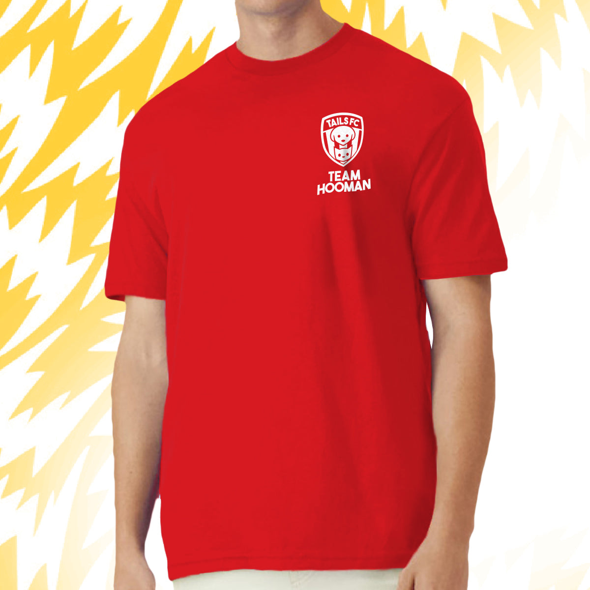 Tails FC Red t-shirt with Team Hooman logo and text on a yellow and white background