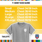 T-shirt size guide with TAILS FC logo on a yellow background