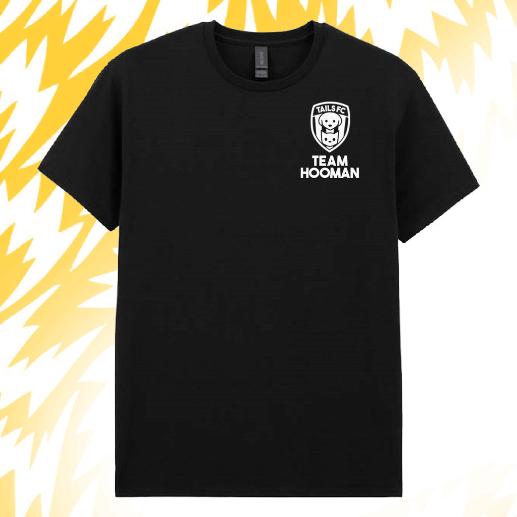 Tails FC Black t-shirt with 'Team Hooman' logo on a yellow and white abstract background
