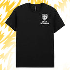 Tails FC Black t-shirt with 'Team Hooman' logo on a yellow and white abstract background