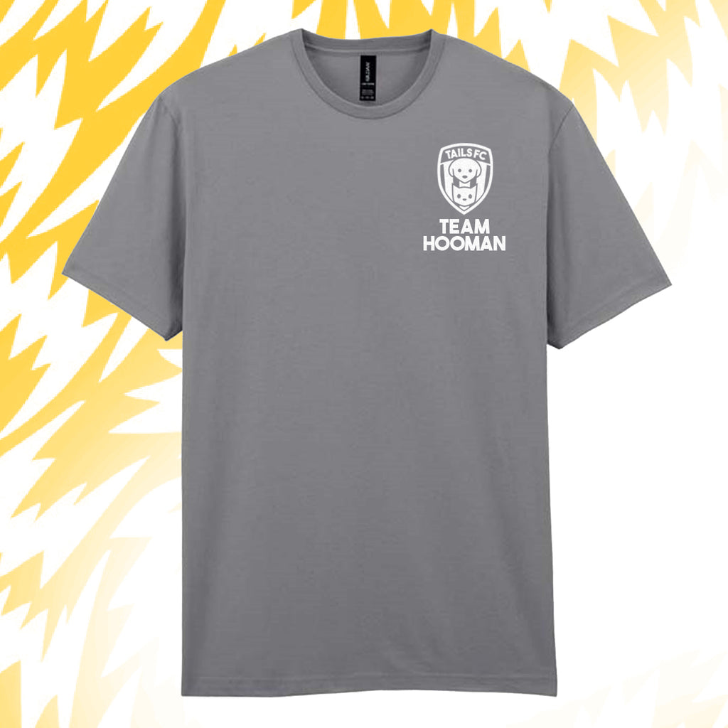 Tails FC Gray t-shirt with 'Team Hooman' logo on a yellow and white abstract background