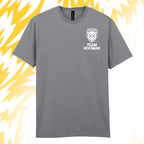 Tails FC Gray t-shirt with 'Team Hooman' logo on a yellow and white abstract background