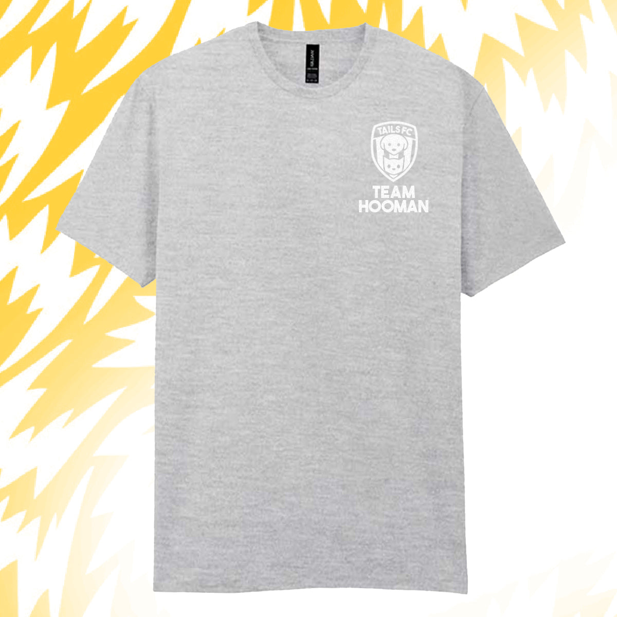 Tails FC Gray t-shirt with 'Team Hooman' logo on a yellow and white abstract background