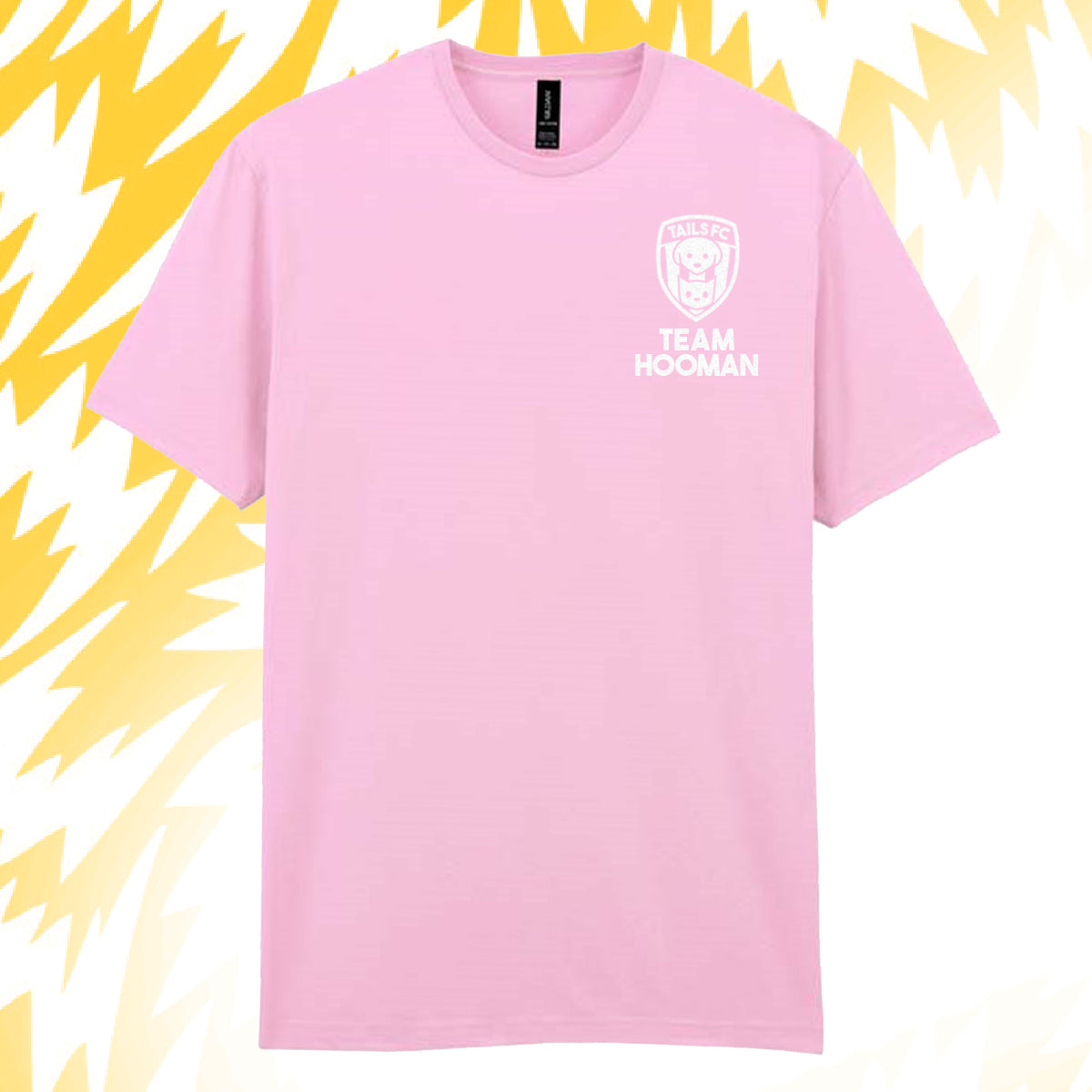 Tails FC Pink t-shirt with 'Team Hooman' logo on a yellow and white abstract background
