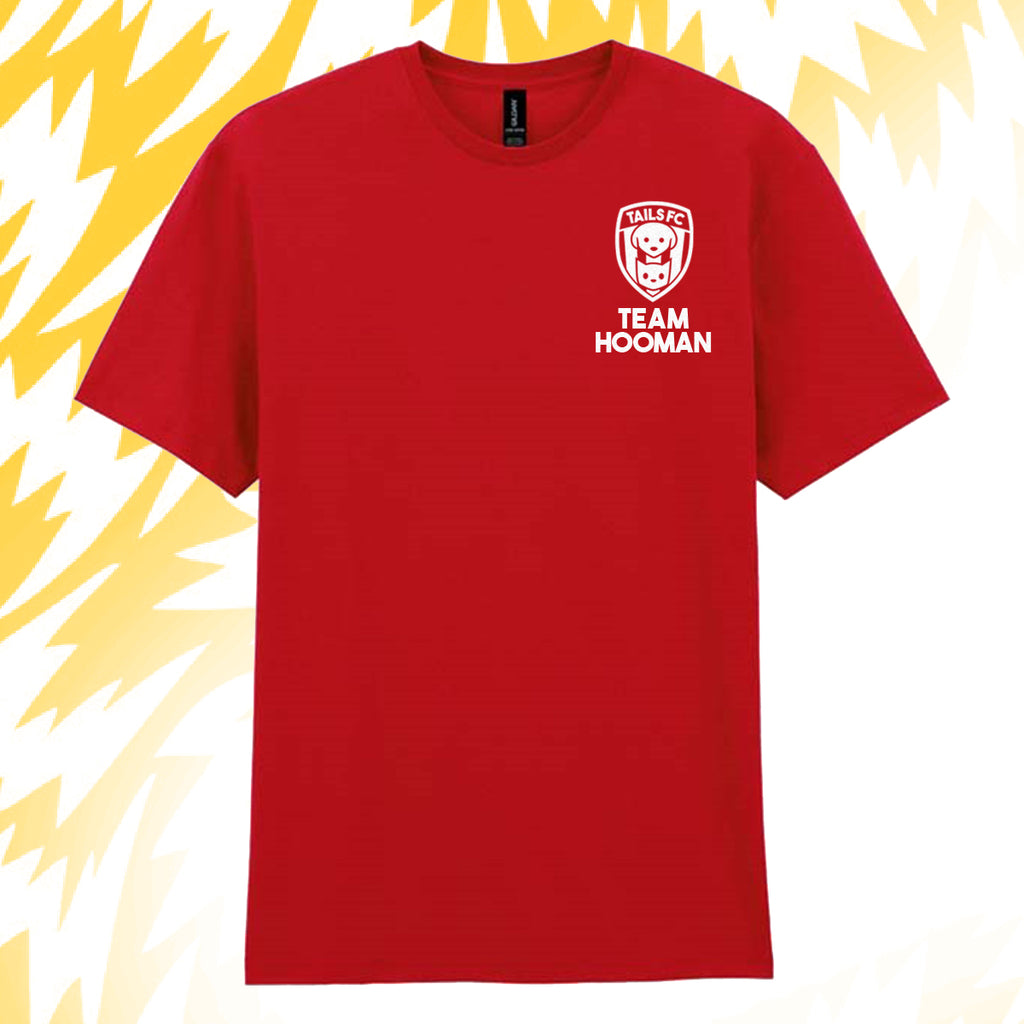 Tails FC Red t-shirt with 'Team Hooman' logo on a yellow and white abstract background