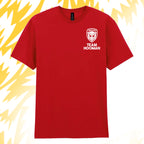 Tails FC Red t-shirt with 'Team Hooman' logo on a yellow and white abstract background