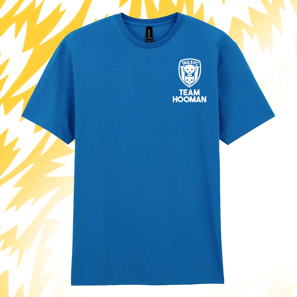 Tails FC Blue t-shirt with 'Team Hooman' logo on a yellow and white abstract background