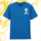 Tails FC Blue t-shirt with 'Team Hooman' logo on a yellow and white abstract background