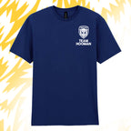 Tails FC Navy blue t-shirt with 'Team Hooman' logo on a yellow and white abstract background