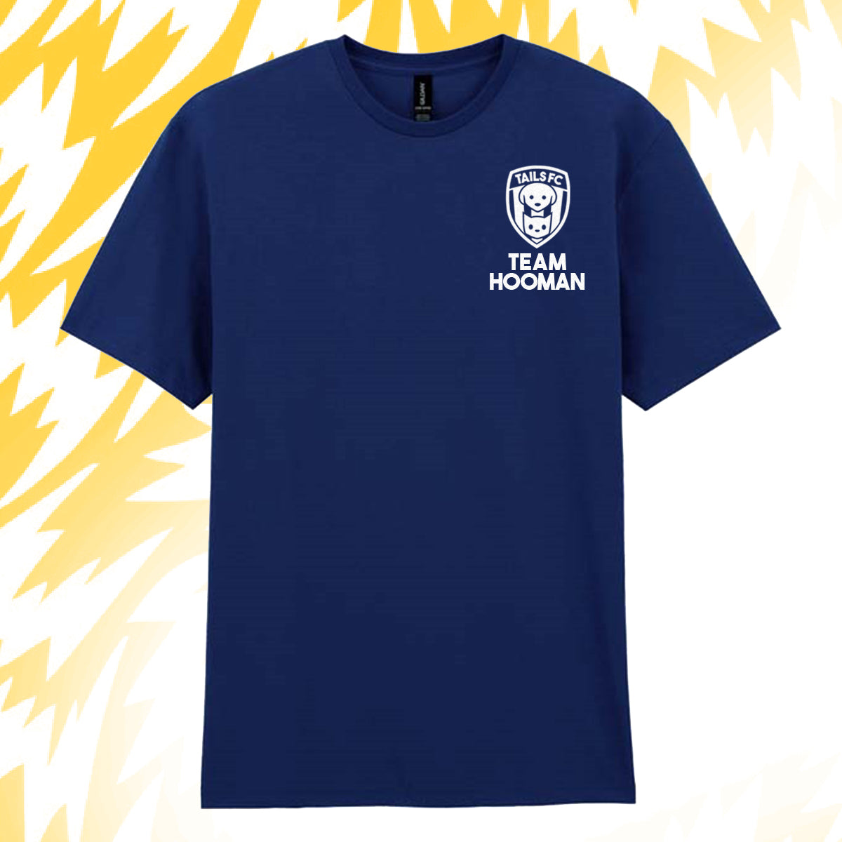 Tails FC Navy blue t-shirt with 'Team Hooman' logo on a yellow and white abstract background