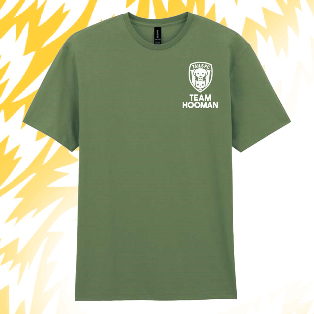 Tails FC Green t-shirt with 'Team Hooman' logo on a yellow and white abstract background