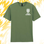 Tails FC Green t-shirt with 'Team Hooman' logo on a yellow and white abstract background