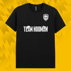 Tails FC Black t-shirt with 'Team Hooman' text and logo on a yellow geometric pattern background