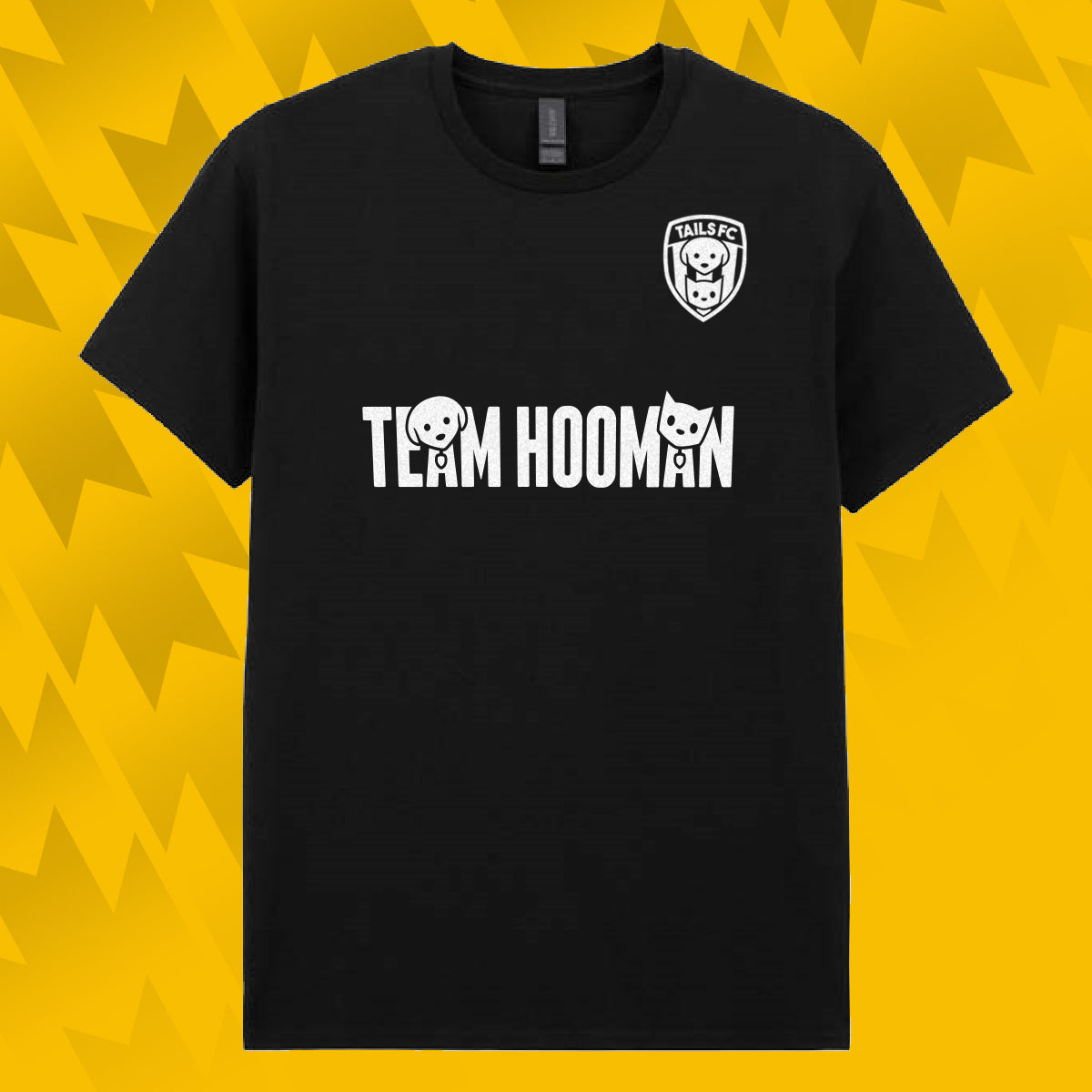Tails FC Black t-shirt with 'Team Hooman' text and logo on a yellow geometric pattern background