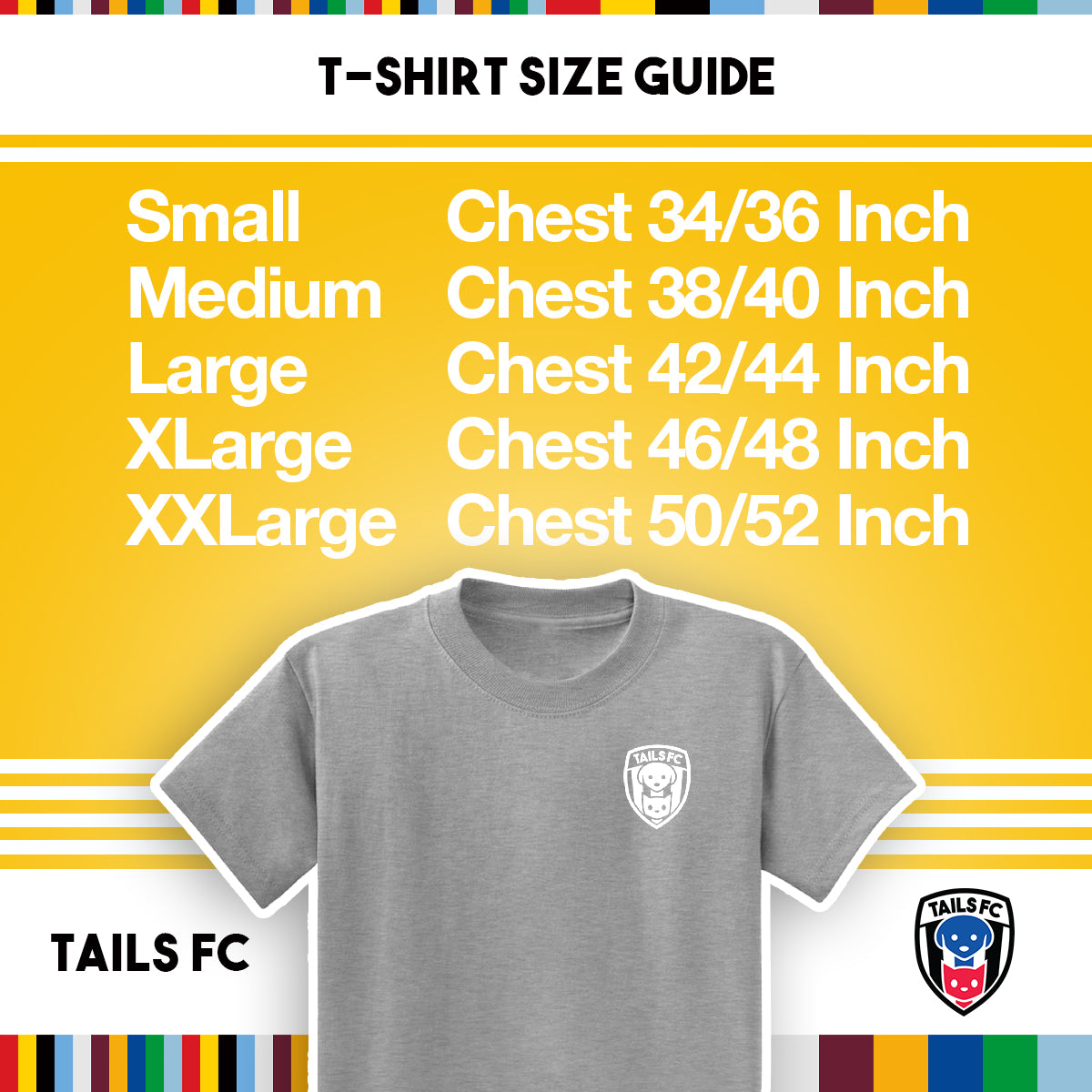 Tails FC T-shirt size guide with TAILS FC logo on a yellow background