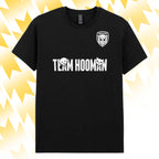 Tails FC Black t-shirt with 'Team Hooman' text and logo on a yellow and white abstract background