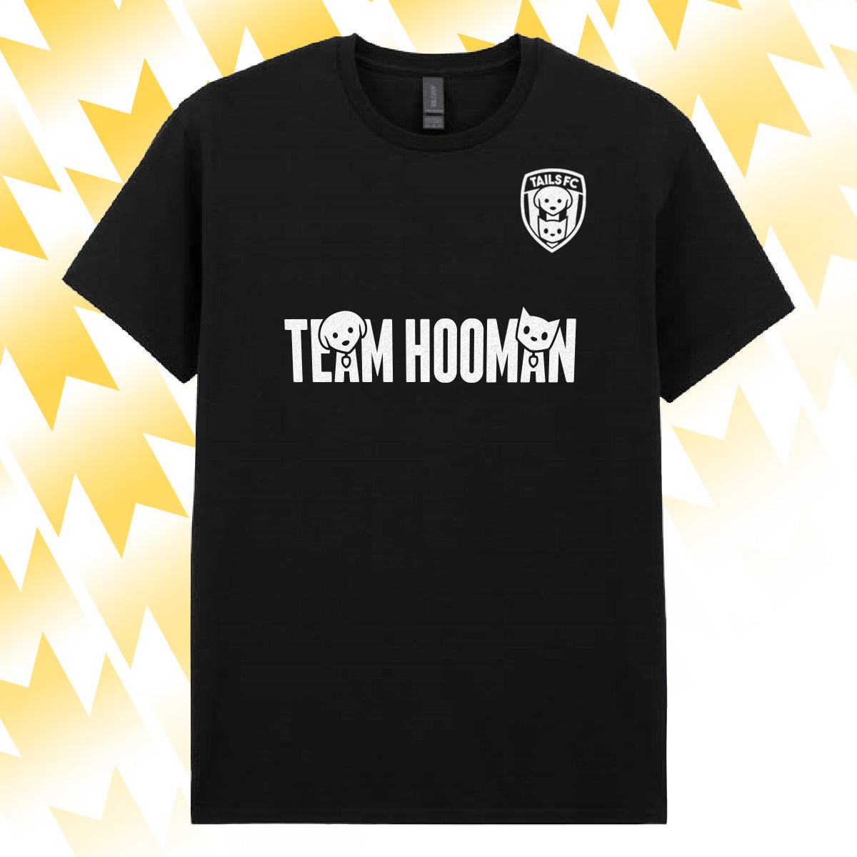 Tails FC Black t-shirt with 'Team Hooman' text and logo on a yellow and white abstract background