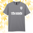 Tails FC Gray t-shirt with 'Team Hooman' text and logo on a yellow abstract background
