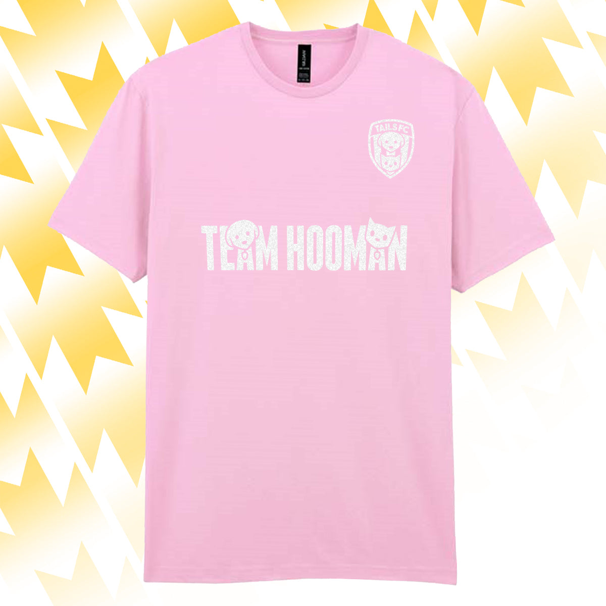 Tails FC Pink t-shirt with 'Team Hooman' text and logo on a yellow abstract background