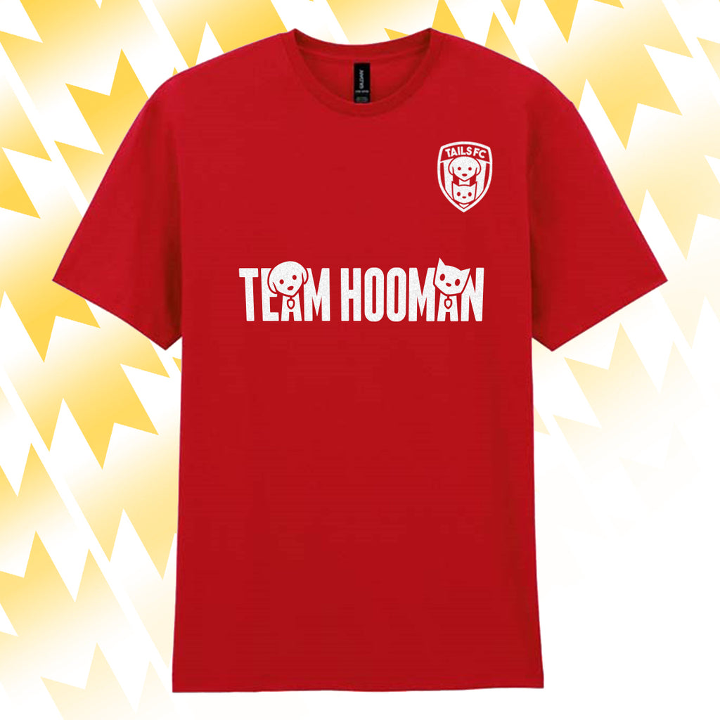 Tails FC Red t-shirt with 'Team Hooman' text and logo on a yellow abstract background