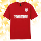 Tails FC Red t-shirt with 'Team Hooman' text and logo on a yellow abstract background