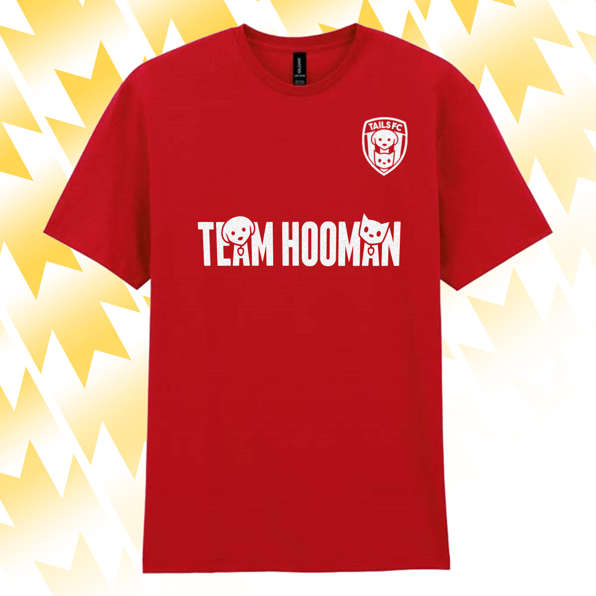 Tails FC Red t-shirt with 'Team Hooman' text and logo on a yellow abstract background
