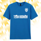 Tails FC Blue t-shirt with 'Team Hooman' text and logo on a yellow and white abstract background