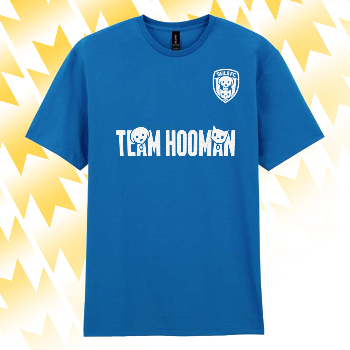 Tails FC Blue t-shirt with 'Team Hooman' text and logo on a yellow and white abstract background