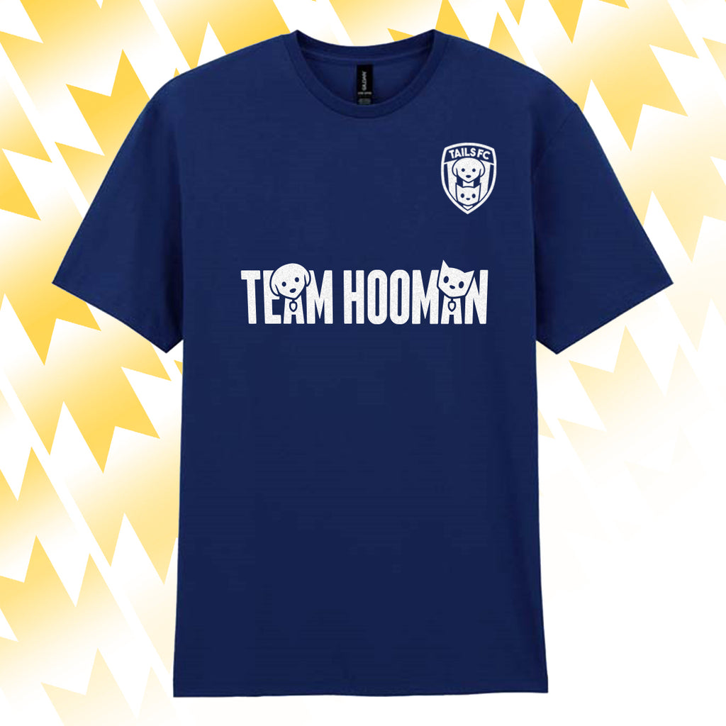 Tails FC Navy blue t-shirt with 'Team Hooman' text and logo on a yellow abstract background