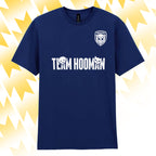 Tails FC Navy blue t-shirt with 'Team Hooman' text and logo on a yellow abstract background