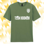 Tails FC Green t-shirt with 'Team Hooman' text and logo on a yellow abstract background