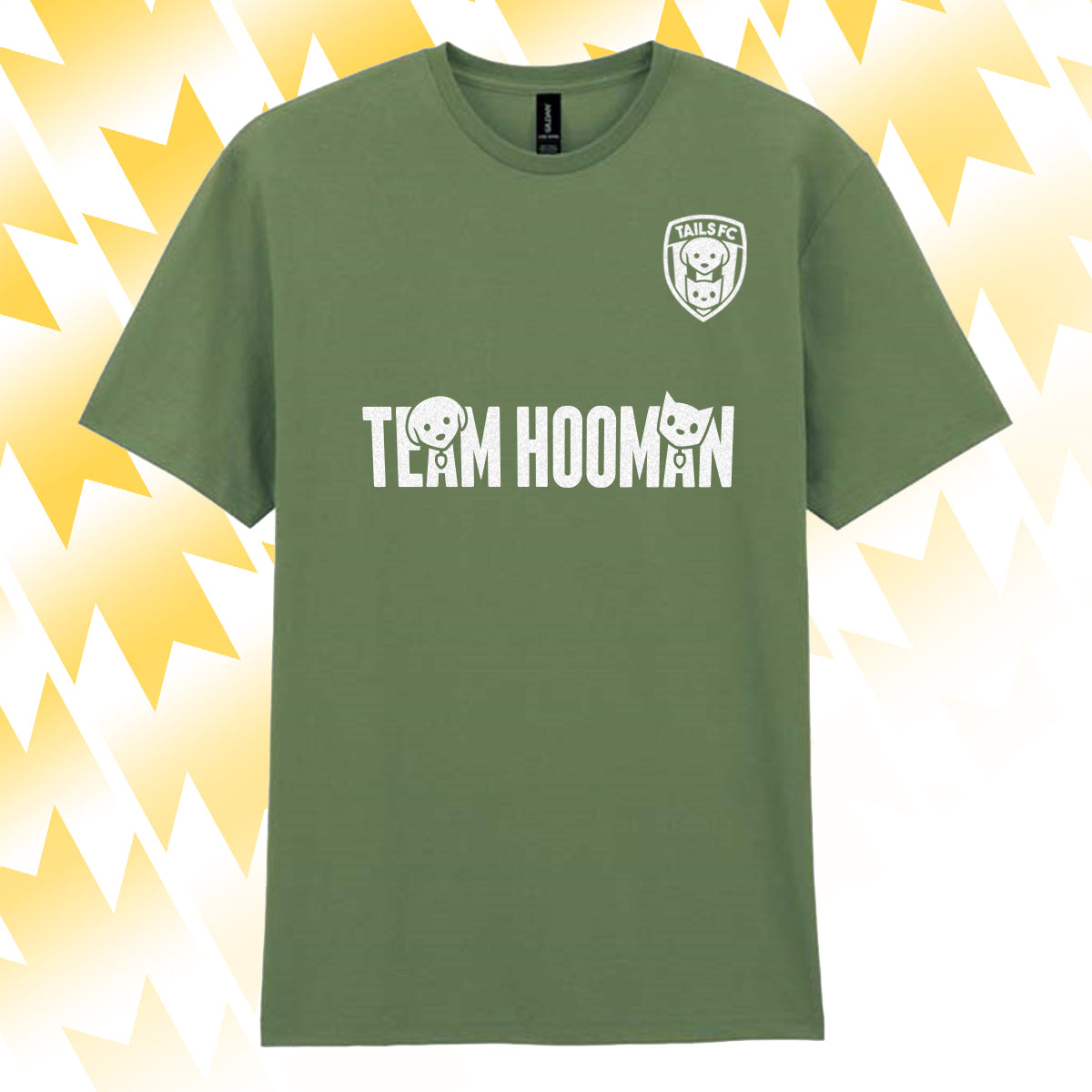 Tails FC Green t-shirt with 'Team Hooman' text and logo on a yellow abstract background