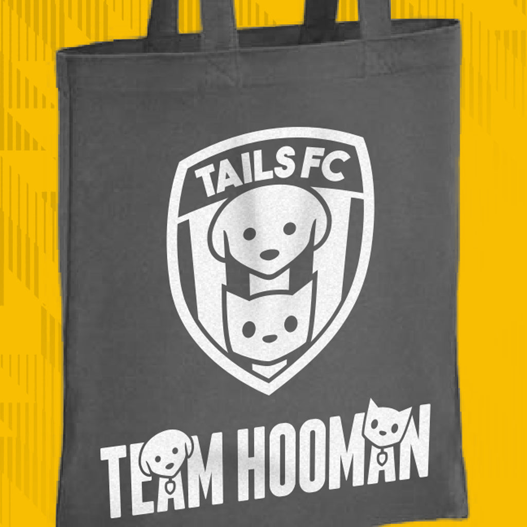 Tote bag with 'TAILS FC' and 'Team Hooman' design on a yellow background