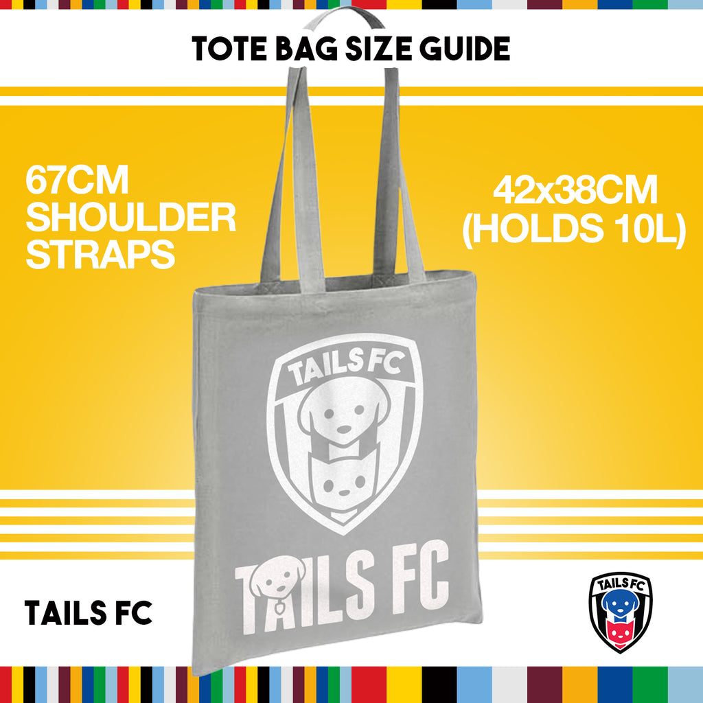 Gray tote bag with TAILS FC logo on a yellow background with size and strap information.