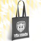 Charcoal tote bag with 'TAILS FC' and 'Team Hooman' design on a white background