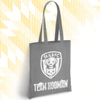 Gray tote bag with 'TAILS FC' and 'Team Hooman' design on a white background