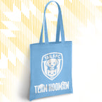Blue tote bag with 'TAILS FC' and 'Team Hooman' design on a white background